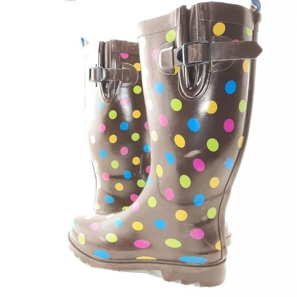 Capelli of New York rubber boots polka dots brown pastels size 7 women's rain - Picture 3 of 12
